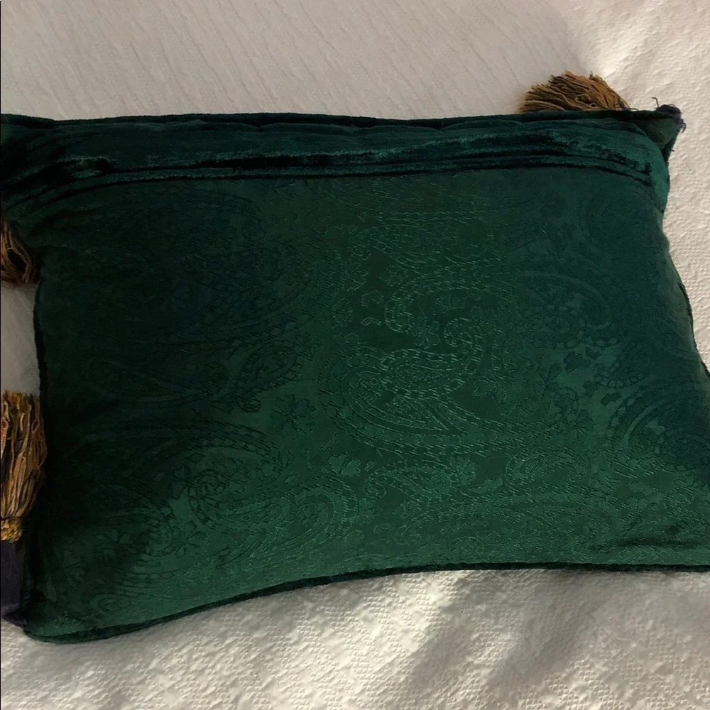 GREEN VELVET PILLOW WITH TASSELS & PAISLEY BORDER TRIM •